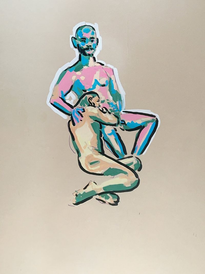 Kneeling poses are shown in an acrylic marker drawing.
