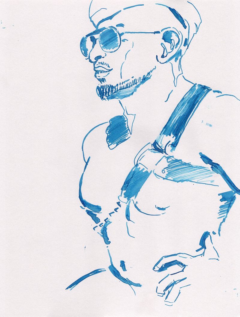10 minute pose- Jaxx drawn in blue dip pen ink in sunglasses