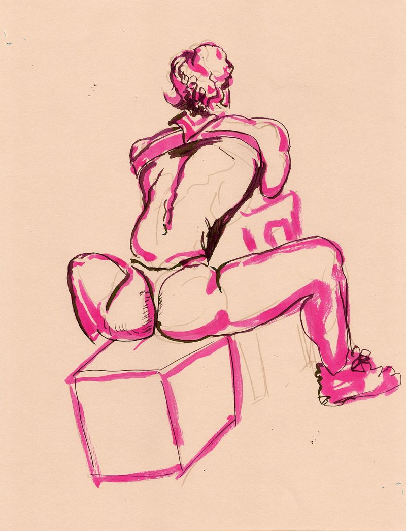 Miguel on a posing cube- dip pen and art pen.