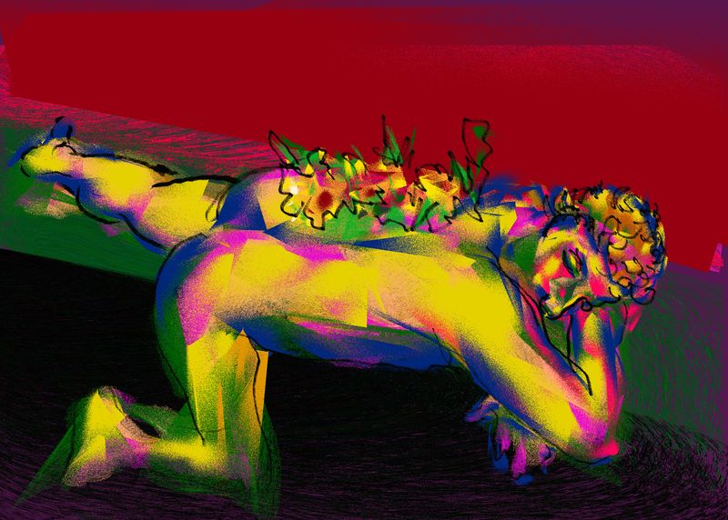 A digital HEAVYPAINT drawing of Chance reclining with flowers across his back.
