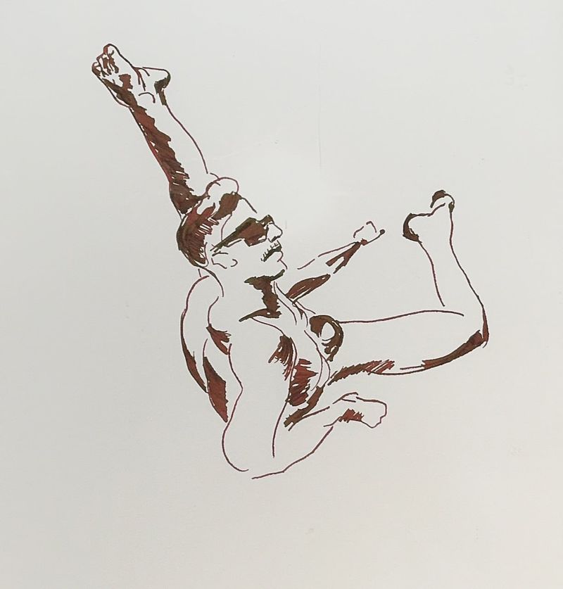 A dip-pen drawing of a raised-leg pose.