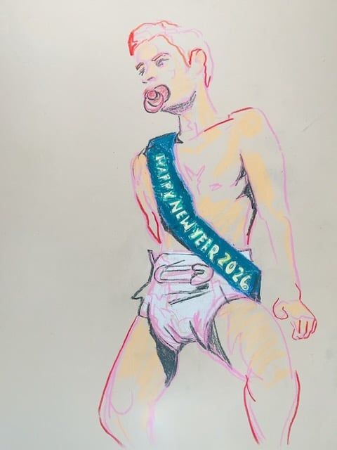 Noah Gold with pacifier, diaper, and sash