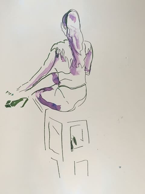 Alexa seated with a crossed leg on a stool, drawn in fountain pen.