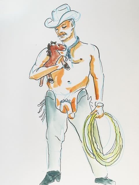Sir Kirk holding a stuffed toy horse while gripping a lasso in his other hand, drawn in watercolor marker on bristol.