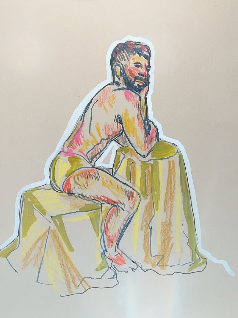 Luis leaning on a table, drawn in pastel pencil.