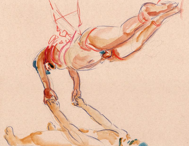 A paired pose with Master R- watercolor pencil on toned paper