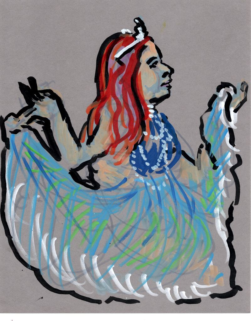 An acrylic marker drawing of Kayleigh in a long skirt during the live session.
