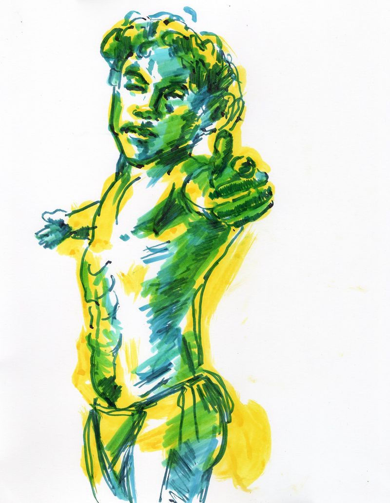 A 5 minute pose of Devan posing with arms extended. Watercolor marker with fountain pen detail.