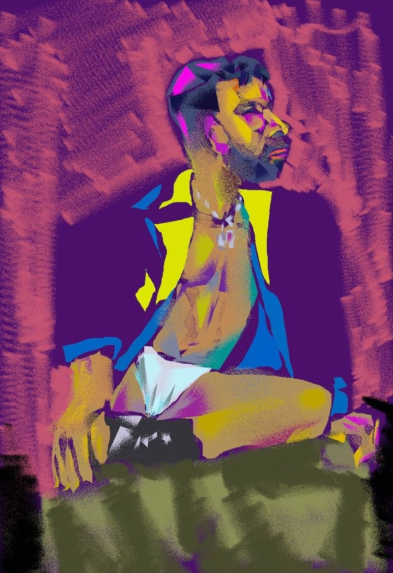 Gabriel wearing a colorful jacket