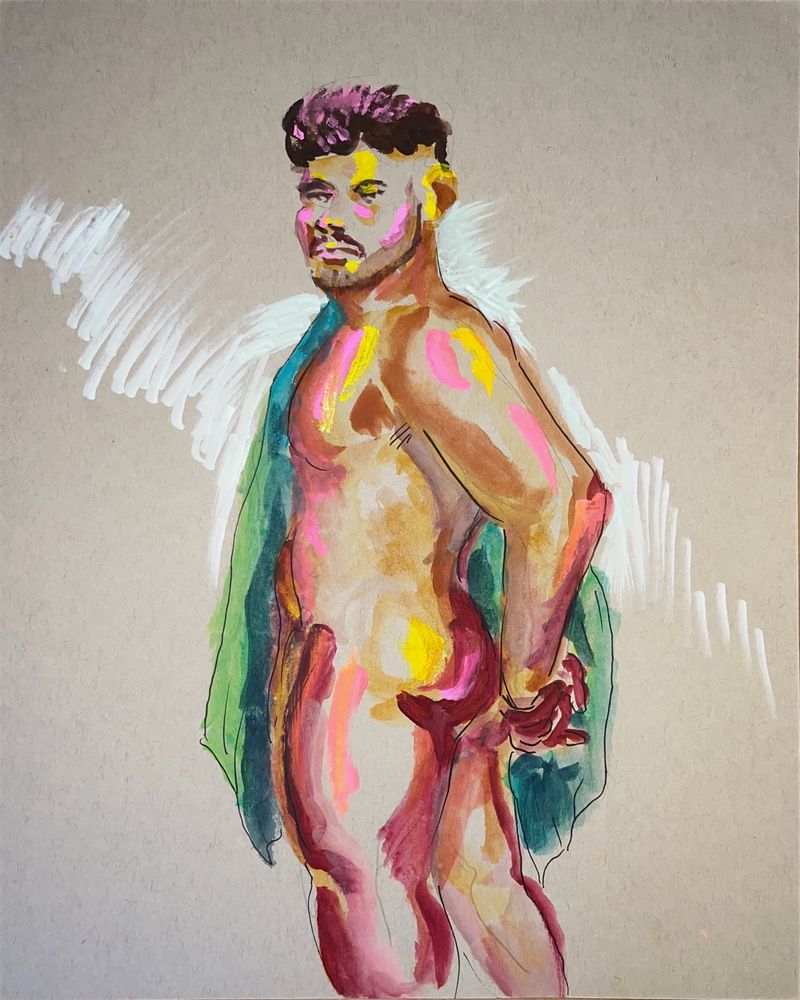 Pasqualino posing for drink and draw at club cumming. Watercolor and gouache on toned paper.