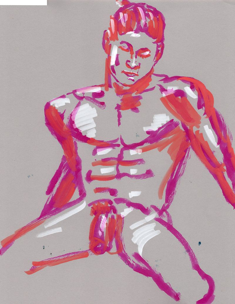 Randall looks down- 10 minute pose- watercolor markers and acrylic on toned paper.