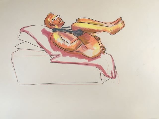 Billy on a portaplow with his knees raised, drawn in colored pencil.