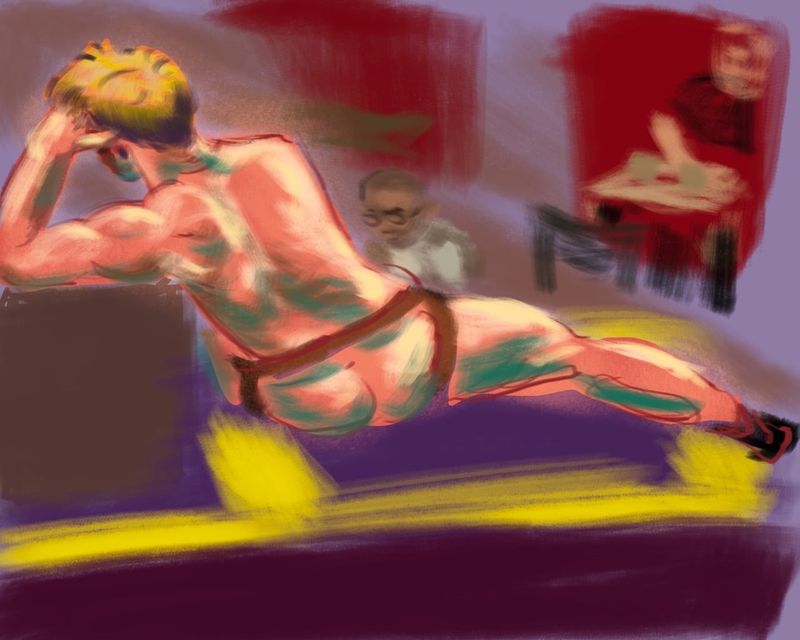 A colorful rendering of Will H lying in a jock on some boxes while Leonard and Steven look on. 10 minute pose.