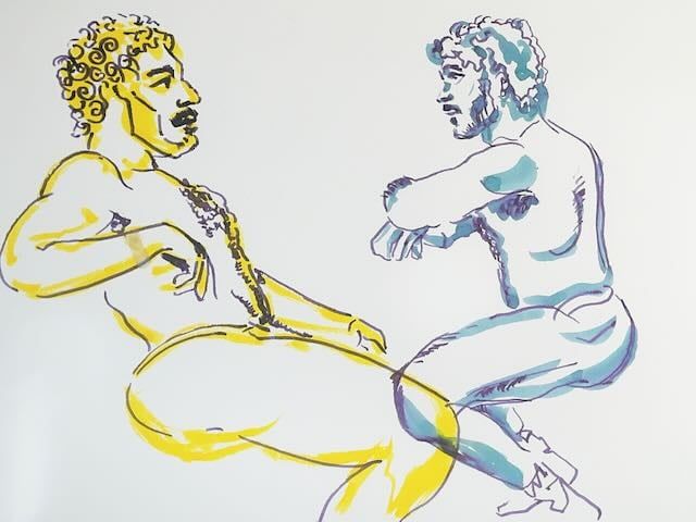 Warmup gesture sketches of Jason in two poses, drawn in yellow and teal marker.