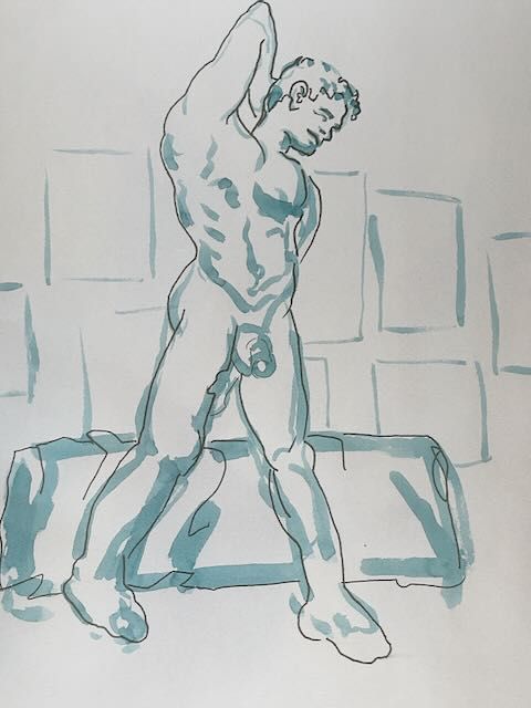 Joshua standing with one arm behind his head, drawn with teal marker.