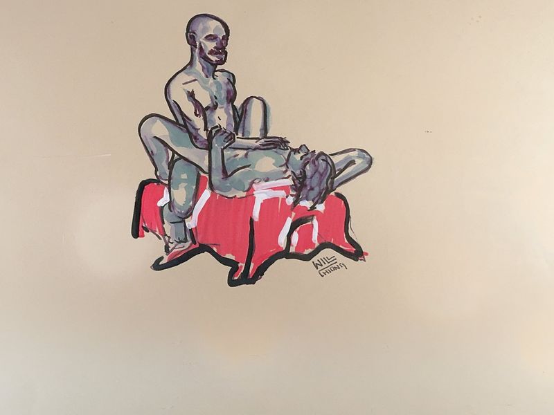 Two figures are shown in a prone missionary pose in this acrylic marker drawing.