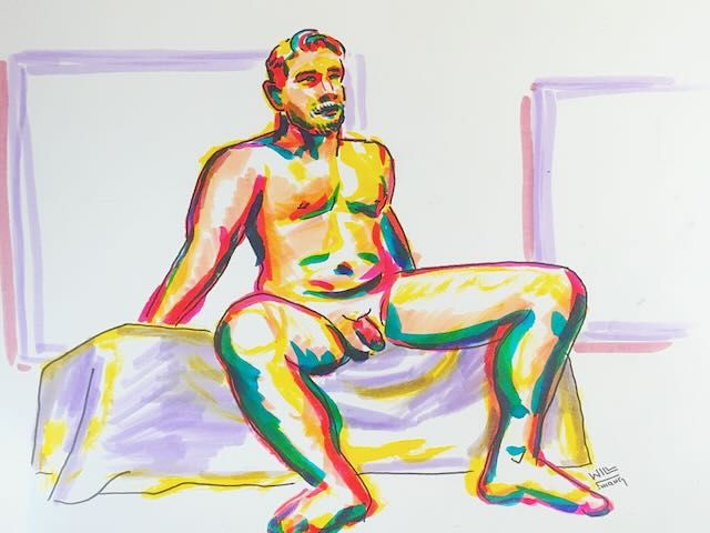 Billy seated with his legs spread, drawn in watercolor marker.