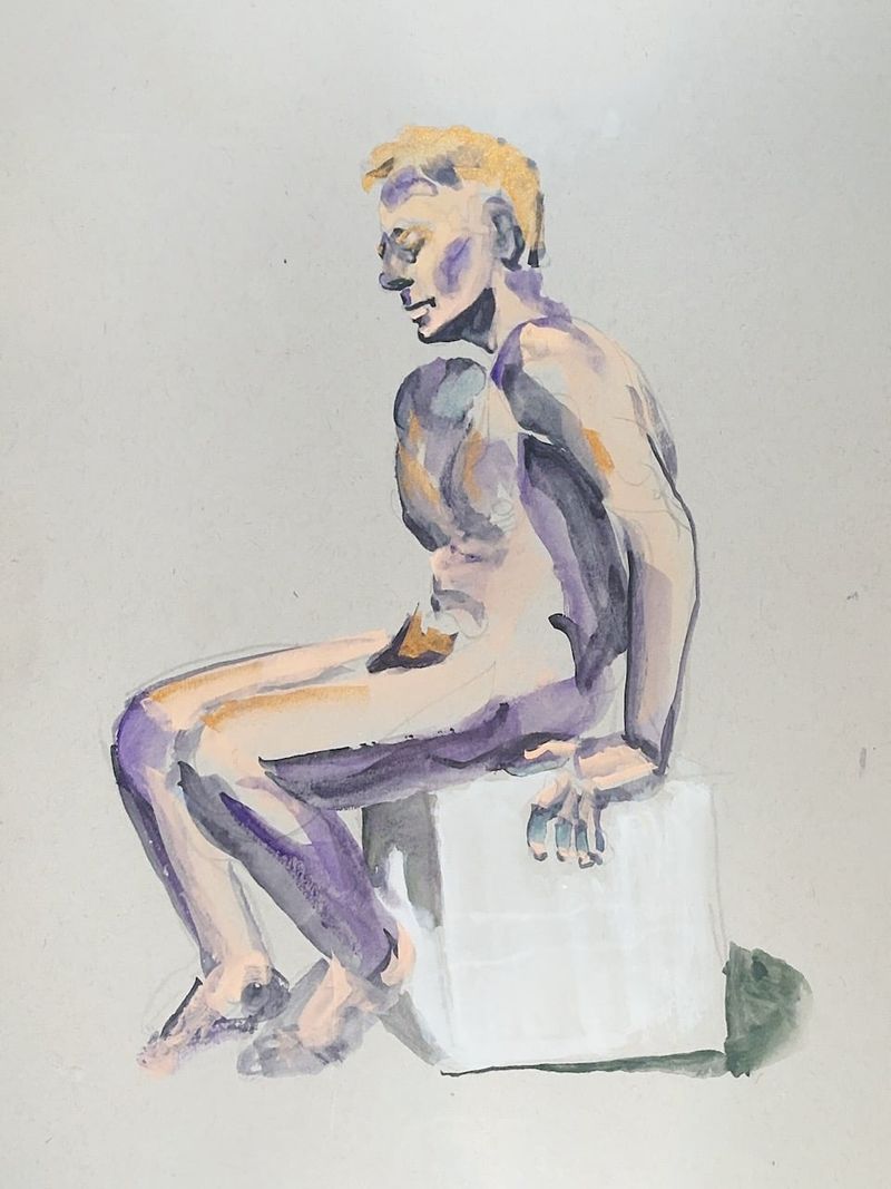 Jon seated in profile, rendered with watercolor pencil on toned paper.