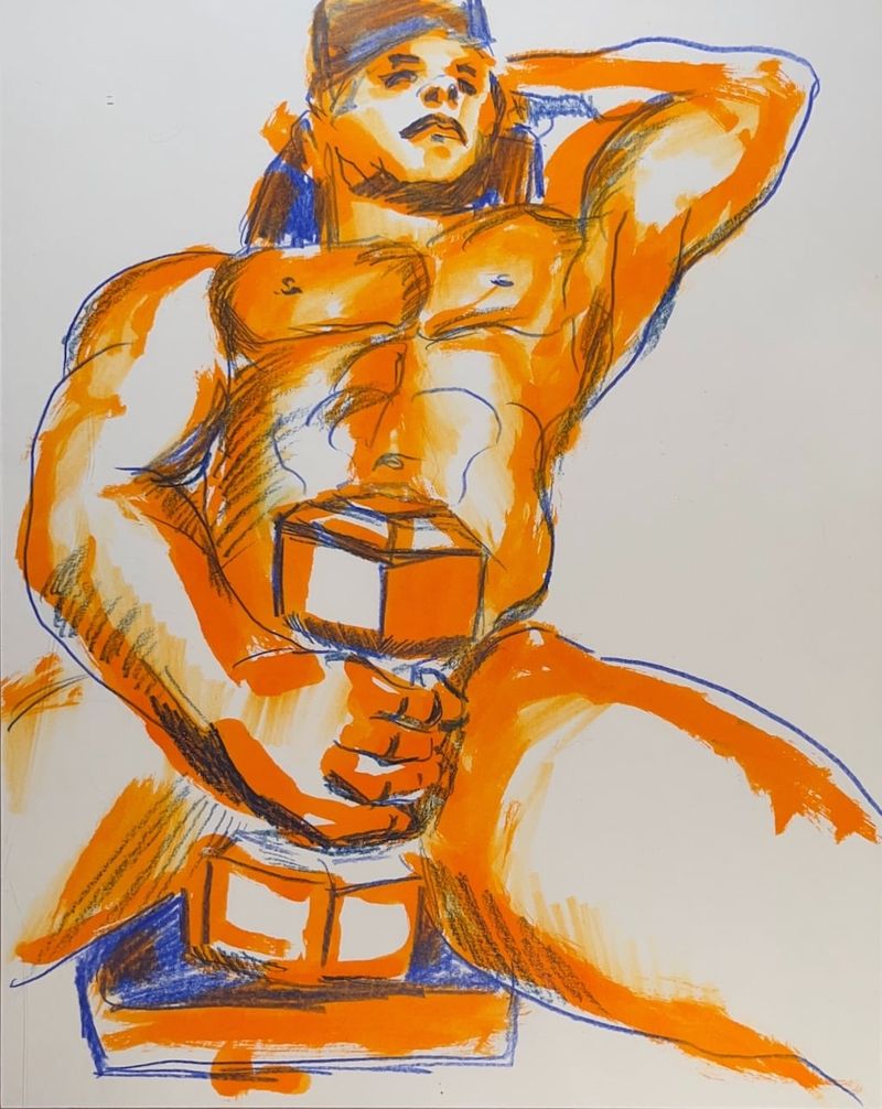 Colored pencil and watercolor marker- Jason holding a weight