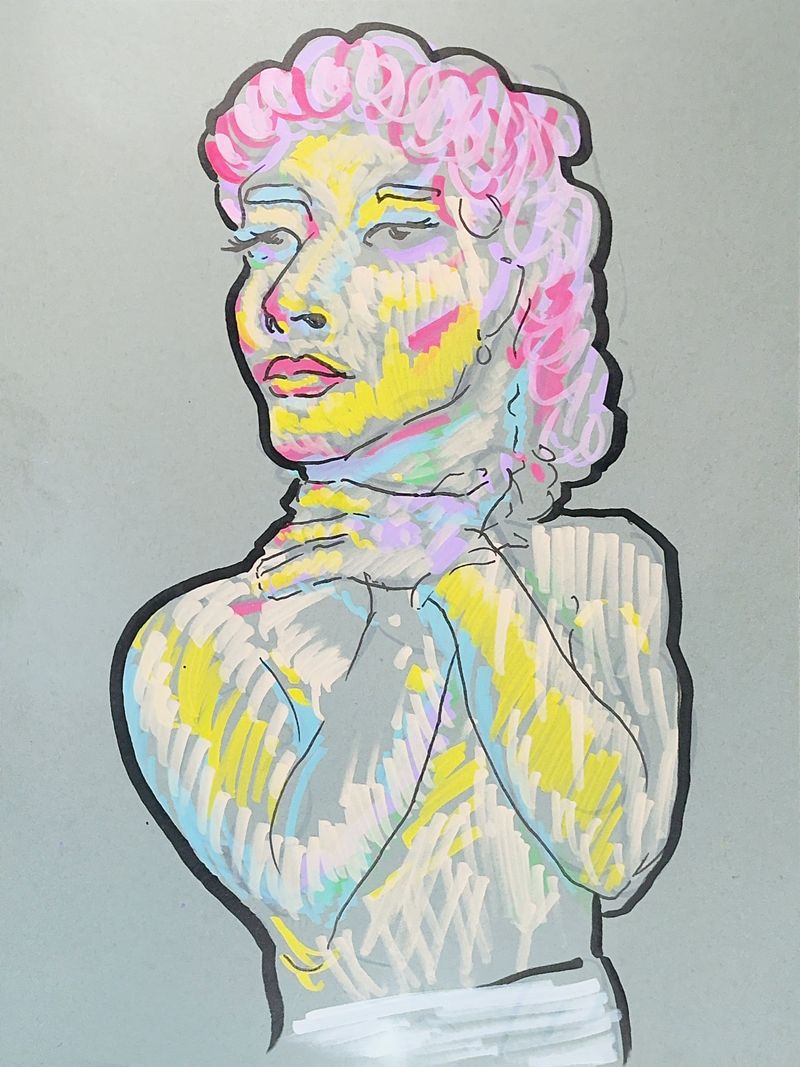 Ms. Gilbert holding her neck, drawn in acrylic markers on toned paper