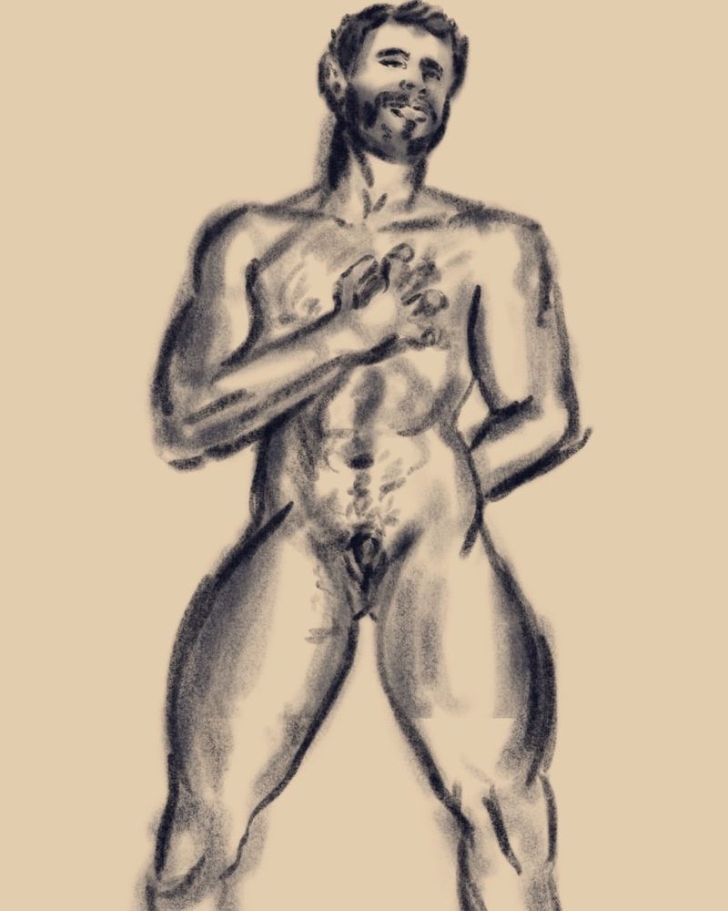 Model clutching chest- charcoal brushes in procreate. 20 minute pose.