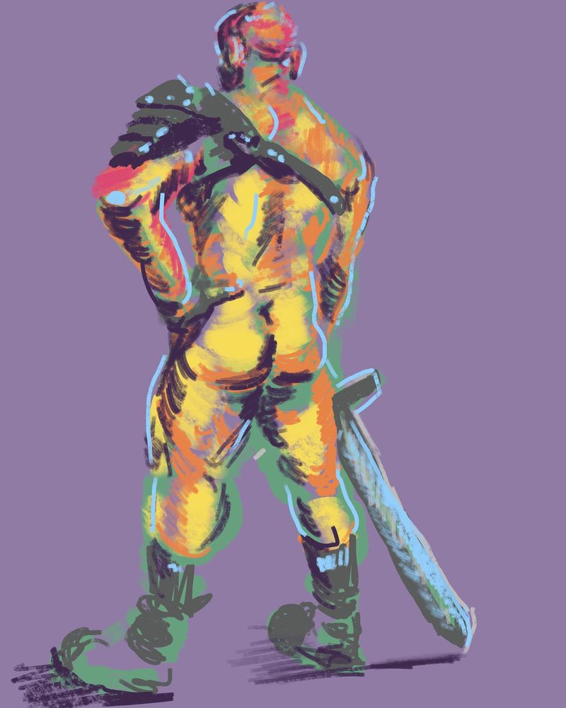 Procreate digital drawing of Michael standing with sword, viewed from behind.