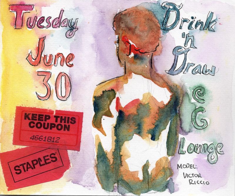 Journal page with a watercolor of Victor from behind and two unused drink tickets collaged onto the page.