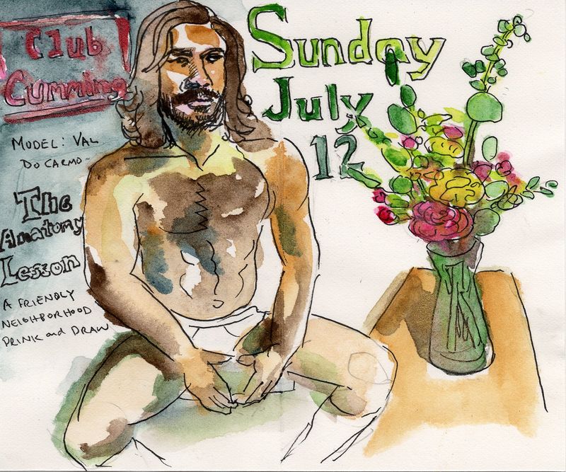 Journal watercolor sketch of Valmir seated next to flowers.