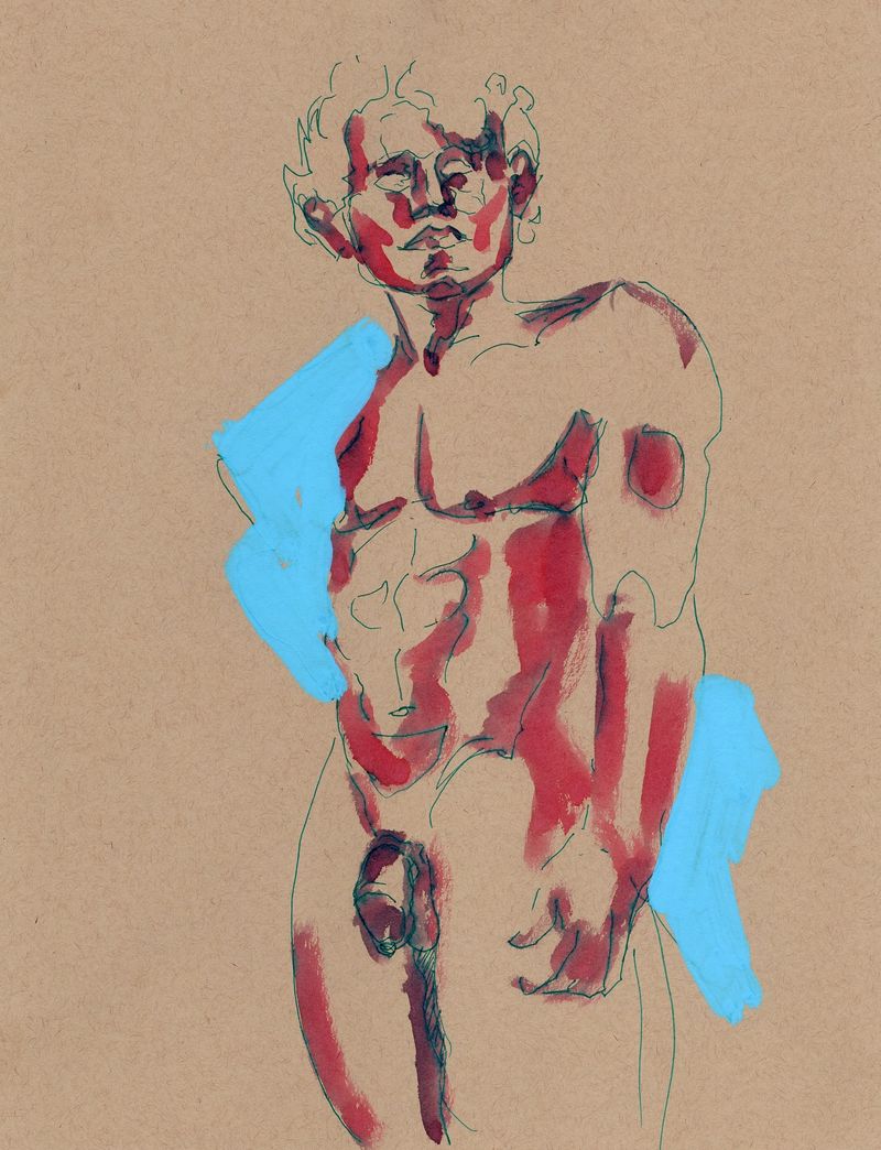 10 minute pose- Devan nude with a denim shirt draped over his arm.