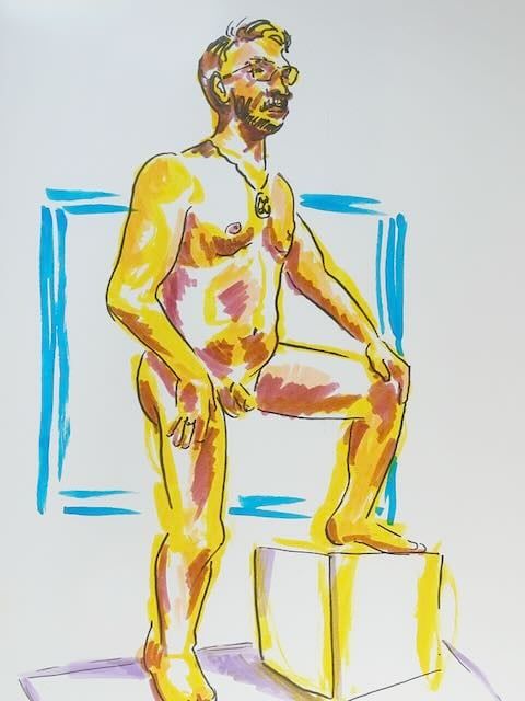 Billy standing with one knee raised, drawn in watercolor marker.