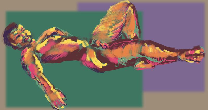 Procreate digital drawing of Nicholas in a reclining pose with colorful brushwork.