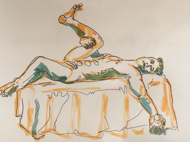 Joshua reclining with one leg raised, drawn in acrylic marker on toned paper.