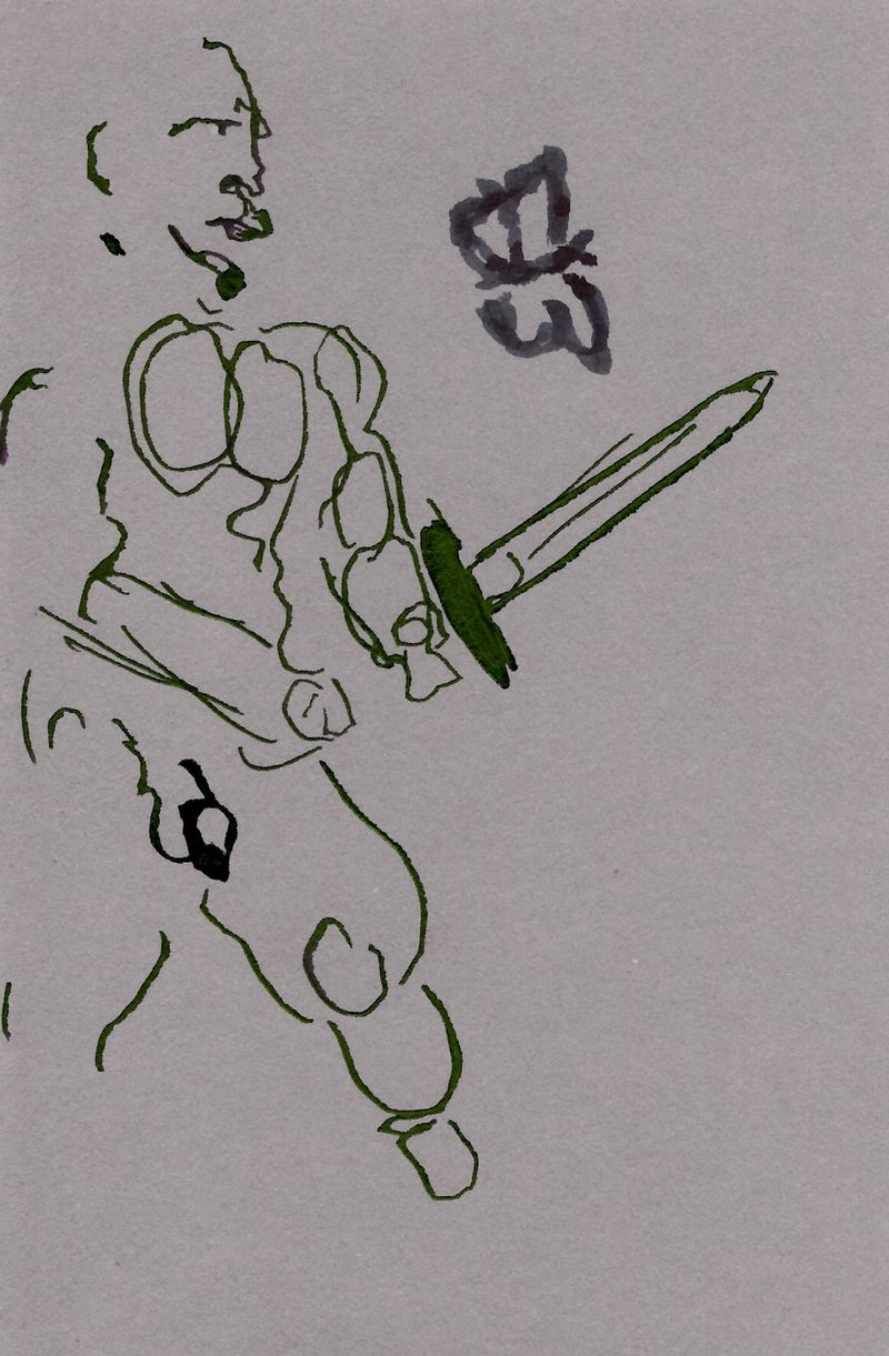 Journal sketch of Michael with sword and butterfly motif.