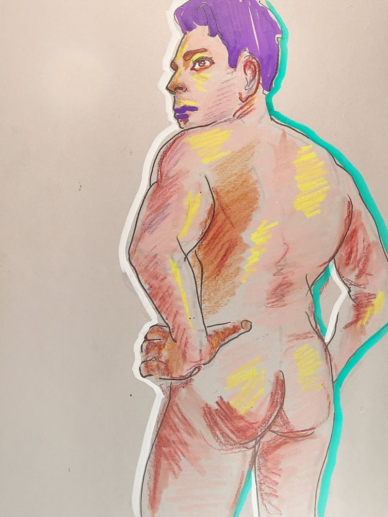 John looks over his shoulders in this acrylic drawing.