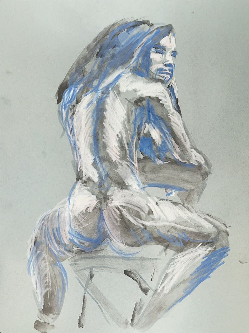Joey sitting backwards on a chair, drawn with colored pencil on toned paper.