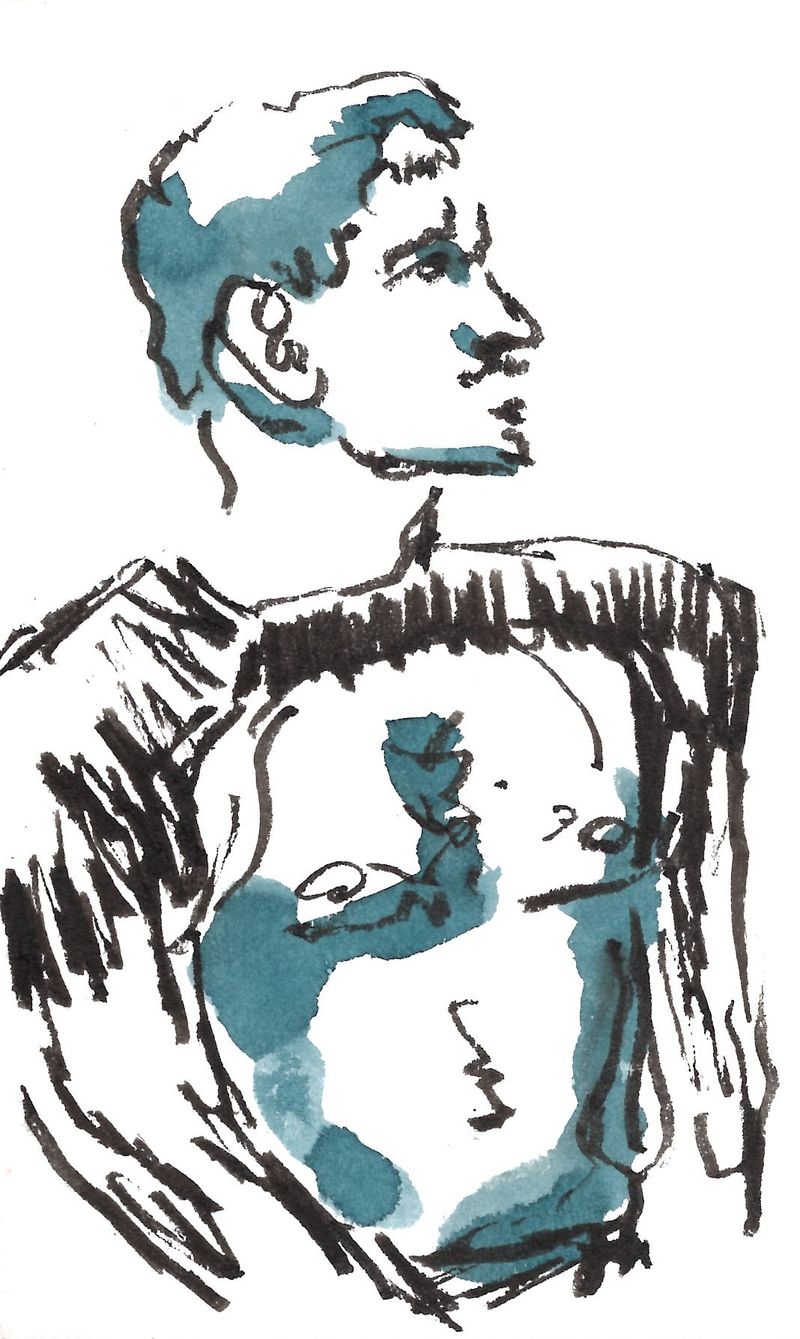 Journal drawing of Nicholas in fountain pen and ink wash.