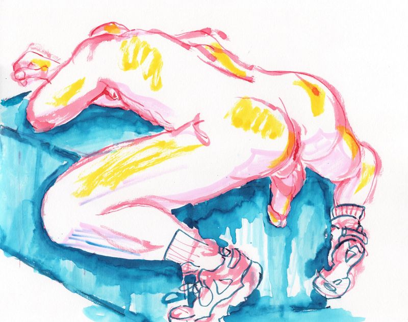 Watercolor marker drawing of Stevie laying on a box.