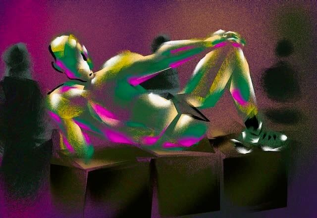 A digital HEAVYPAINT drawing of Chris lying on cubes, created with HEAVYPAINT app on iPad.