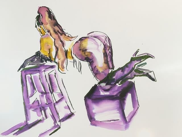 Alexa kneeling on a box, drawn in fountain pen and watercolor.