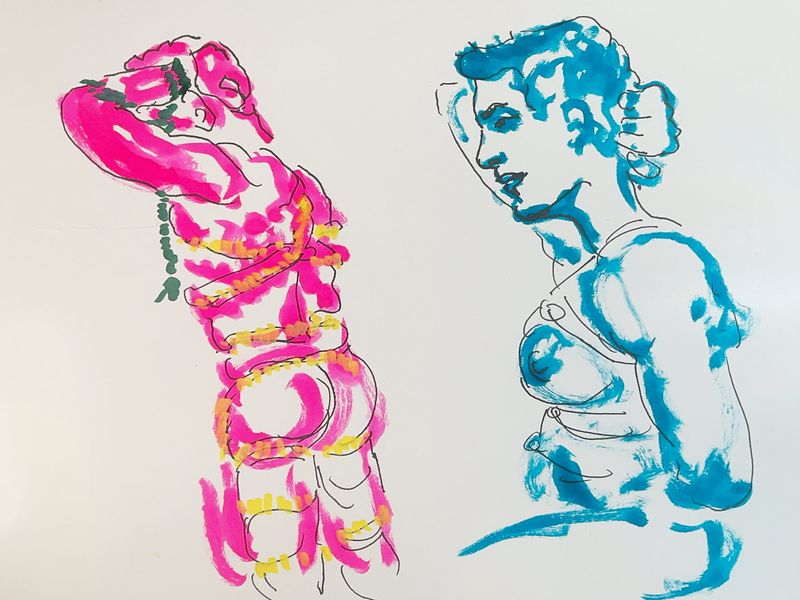 A page of five-minute warmup figure sketches drawn with watercolor markers.