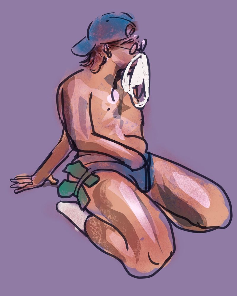 Lev kneeling with a jockstrap in his mouth, drawn digitally in Procreate
