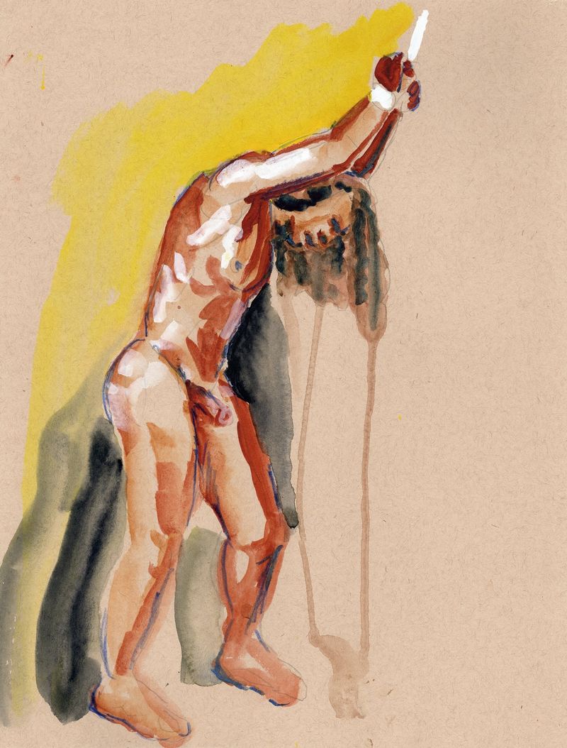 A Watercolor on toned paper from a recent life drawing session- 20 minute pose.