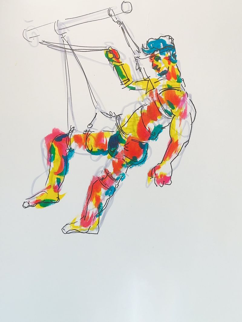 A rope-tied model poses with one leg raised in this watercolor marker drawing.