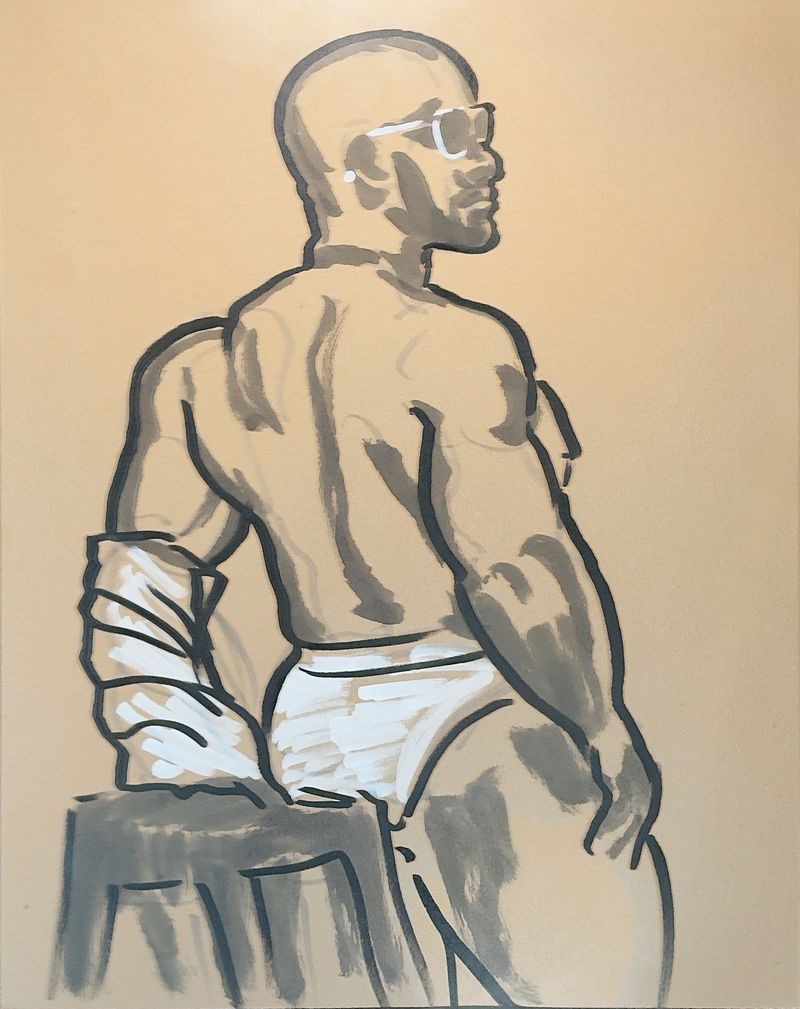 Leo standing in sunglasses and underwear, drawn with acrylic markers on toned paper.