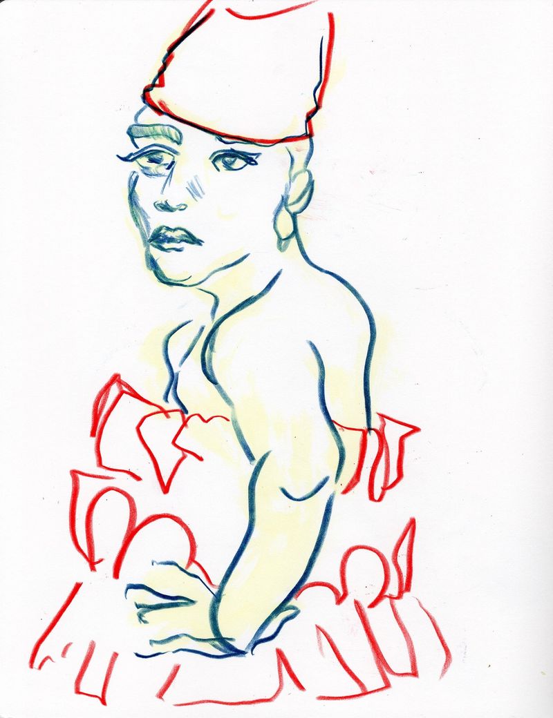 A drawing in red pencil