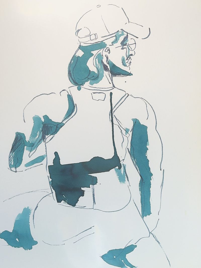 Miguel seated from behind, drawn with ink wash