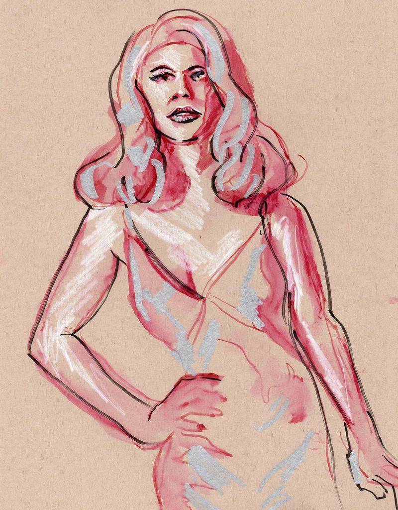 20 minute pose- fountain pen, watercolor marker, and metallic marker on toned paper