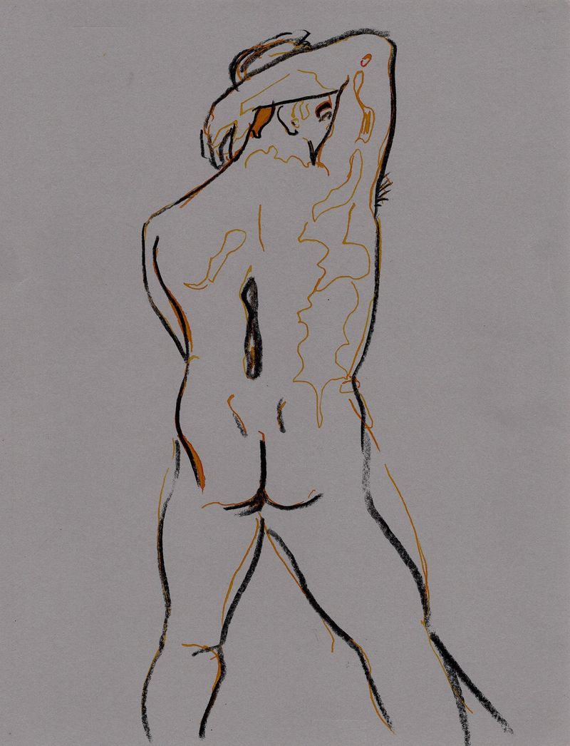 Drawing of Michael's back- 5 minute pose, dip pen on toned paper with colored pencil outline.