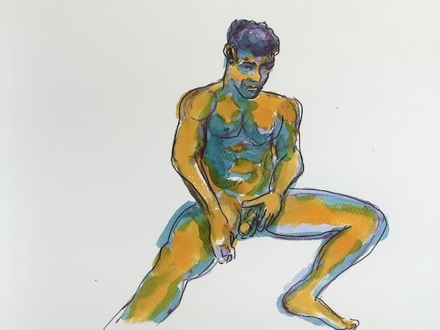 Joshua seated with his legs spread, drawn in watercolor and ink.
