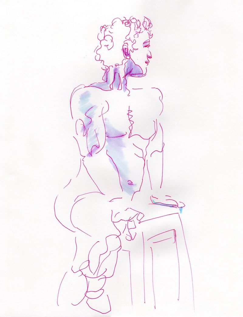 Gel pen drawing of Devan on a stool- 5 minutes.
